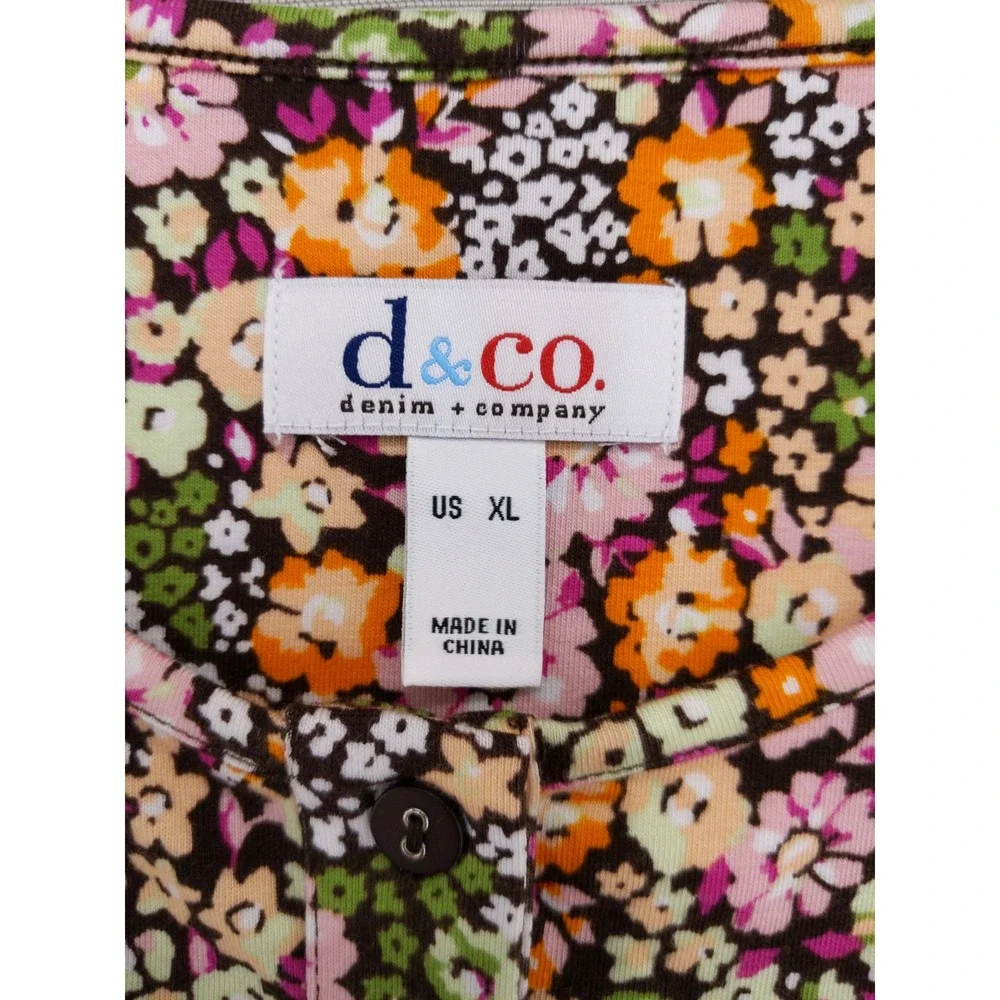 Denim & Co Henley Top Women XL Multi Floral Short Sleeve Knit Button Front